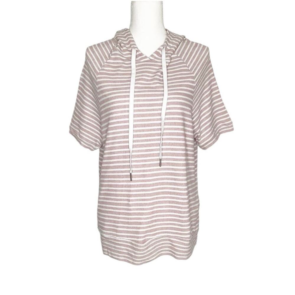 Kayleigh Giuliana Pink White Striped Terry Short Sleeve Hooded Top Medium